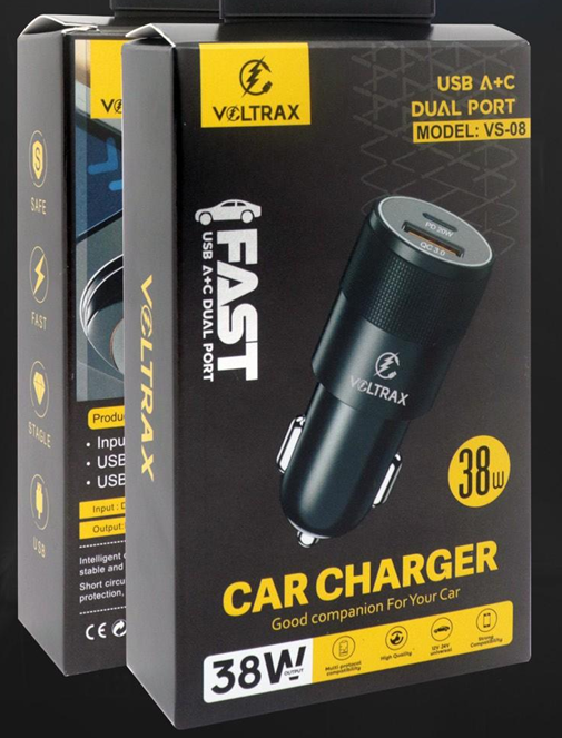 CUBO CARRO 38W VS08 VOLTRAX USB Y TIPO C